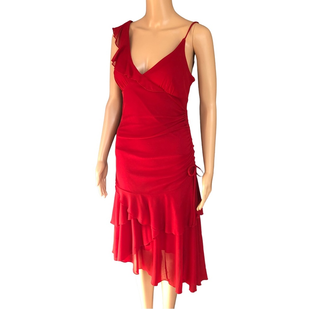 y2k le chateau red asymmetrical high-low ruffle ruched dress made in canada xs